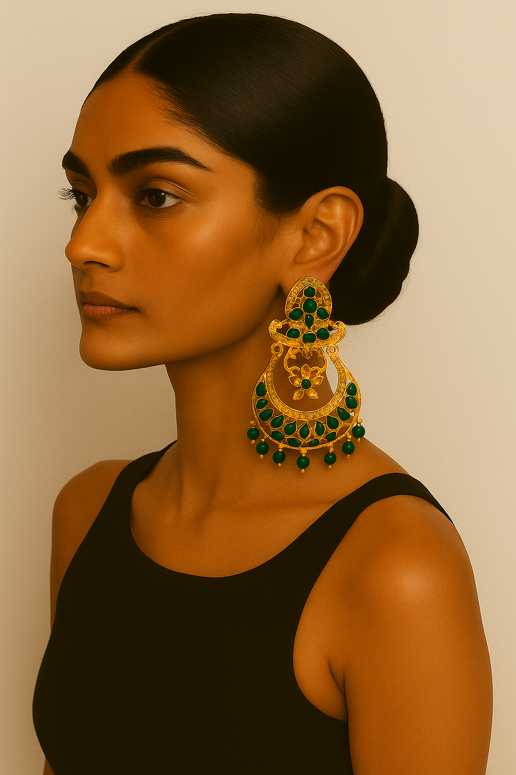 Antique Gold-Plated Green Kundan Chandbali Earrings