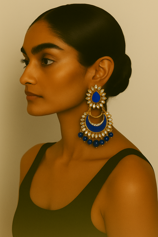 Royal Blue Crescent Kundan Earrings with Gold Detailing
