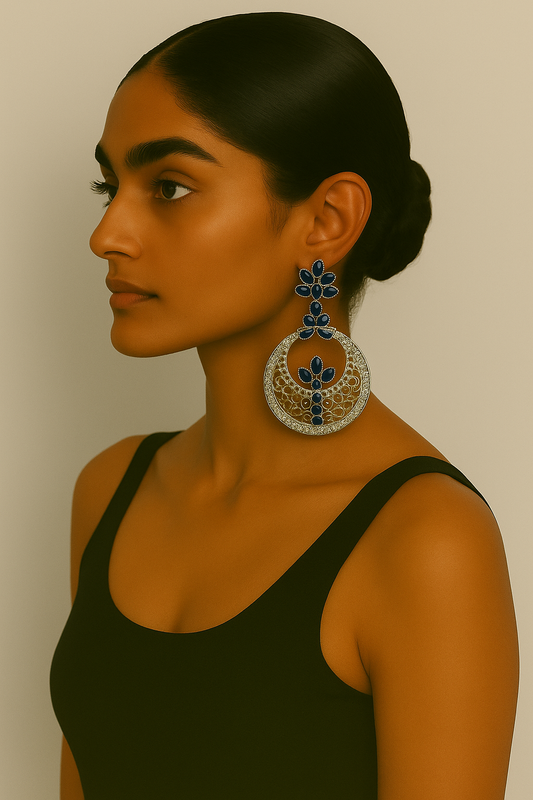 Elegant Silver & Navy Blue Filigree Statement Earrings