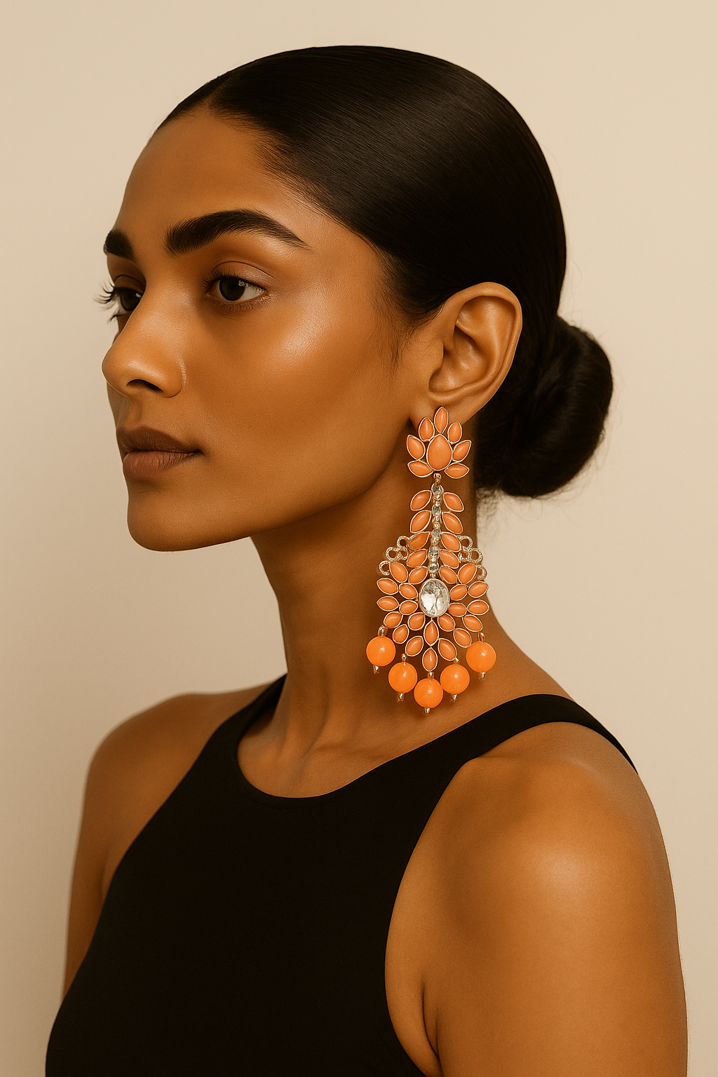 Statement Peach Crystal Drop Earrings – Silver Tone