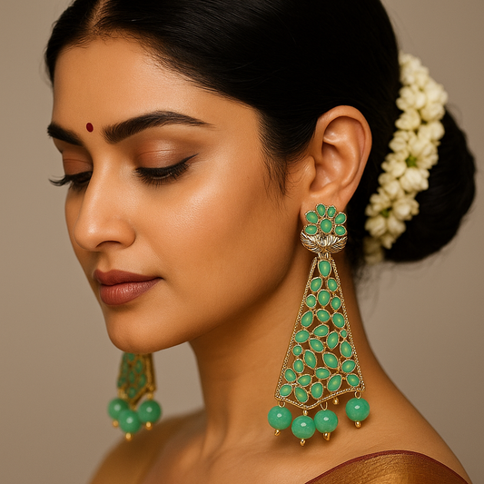 Elegant Green Stone Floral Drop Earrings – Premium Traditional Design