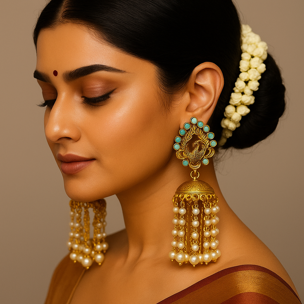 Peacock Motif Gold Jhumka Earrings with Turquoise Stones & Pearl Tassels