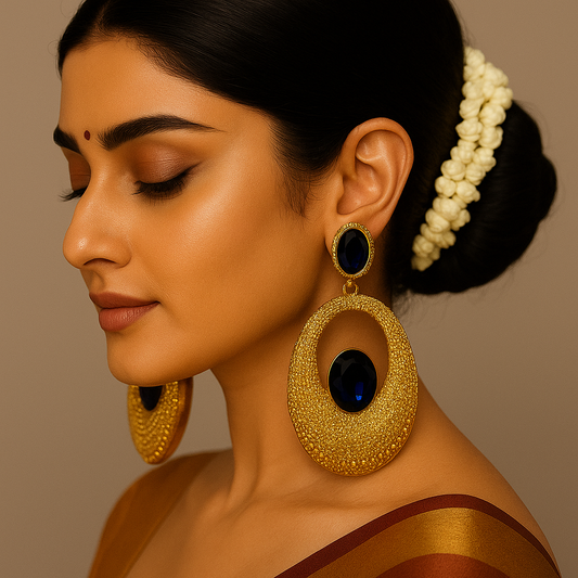 Royal Gold Oval Statement Earrings with Deep Blue Stones