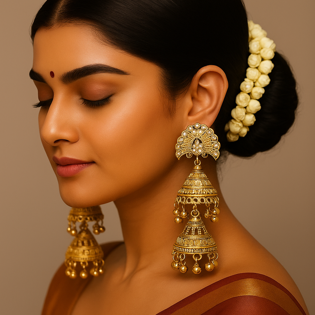 Antique Gold Double Jhumka Earrings with Stone-Studded Fan Top