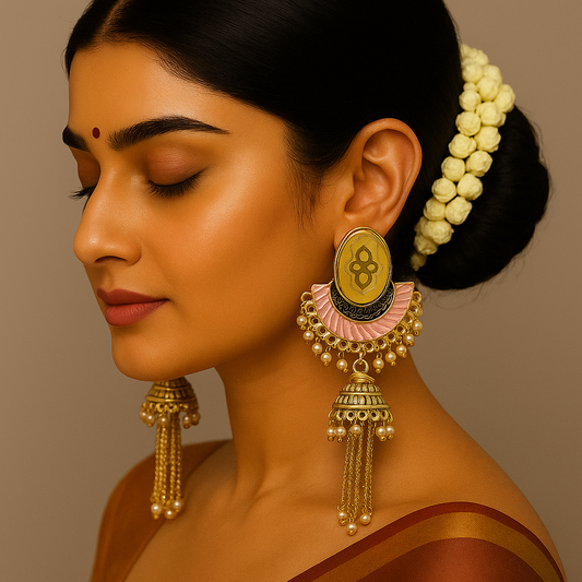 Elegant Pastel Pink & Gold Statement Jhumka Earrings with Pearl Chains