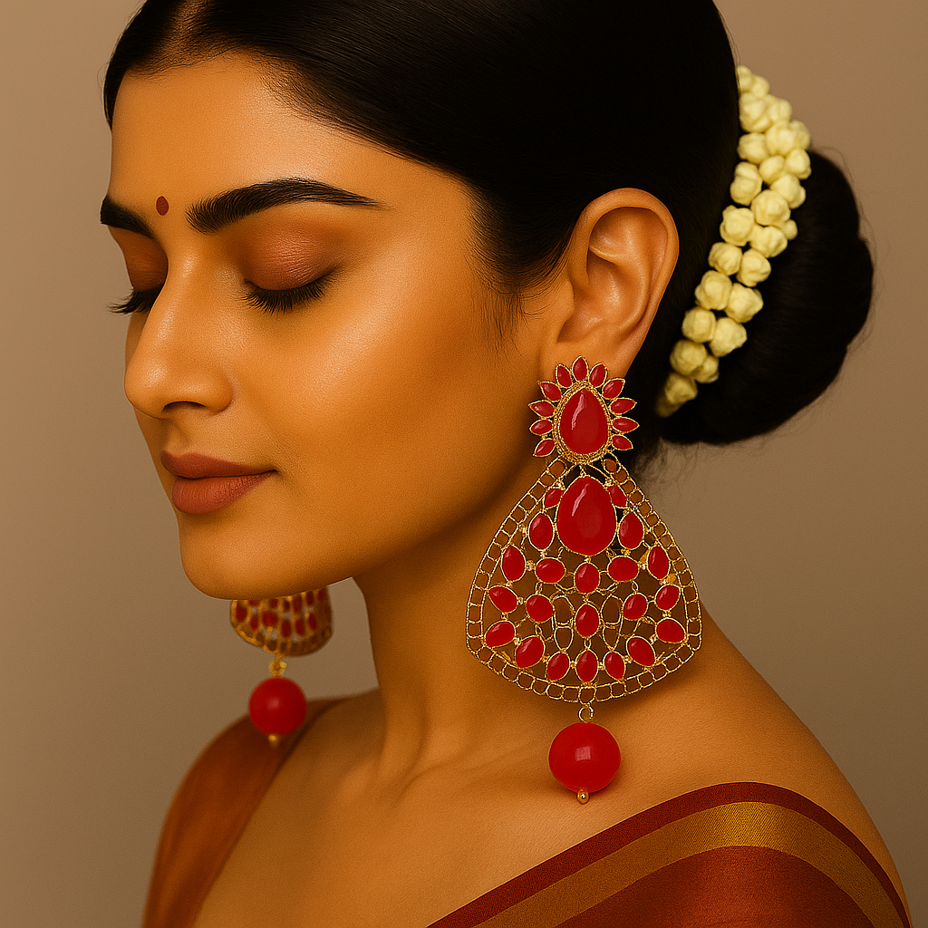 Bold Red Stone Statement Earrings with Gold Detailing