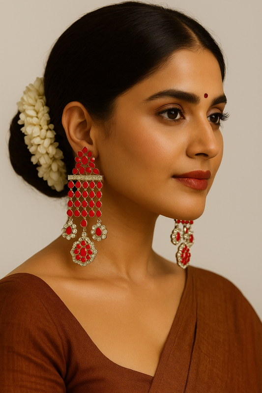 Elegant Red Stone Chandelier Earrings – Premium Ethnic Jewelry