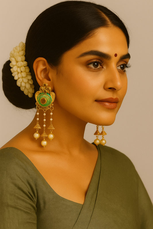 Traditional Green & Gold Meenakari Long Earrings with Pearl Drops