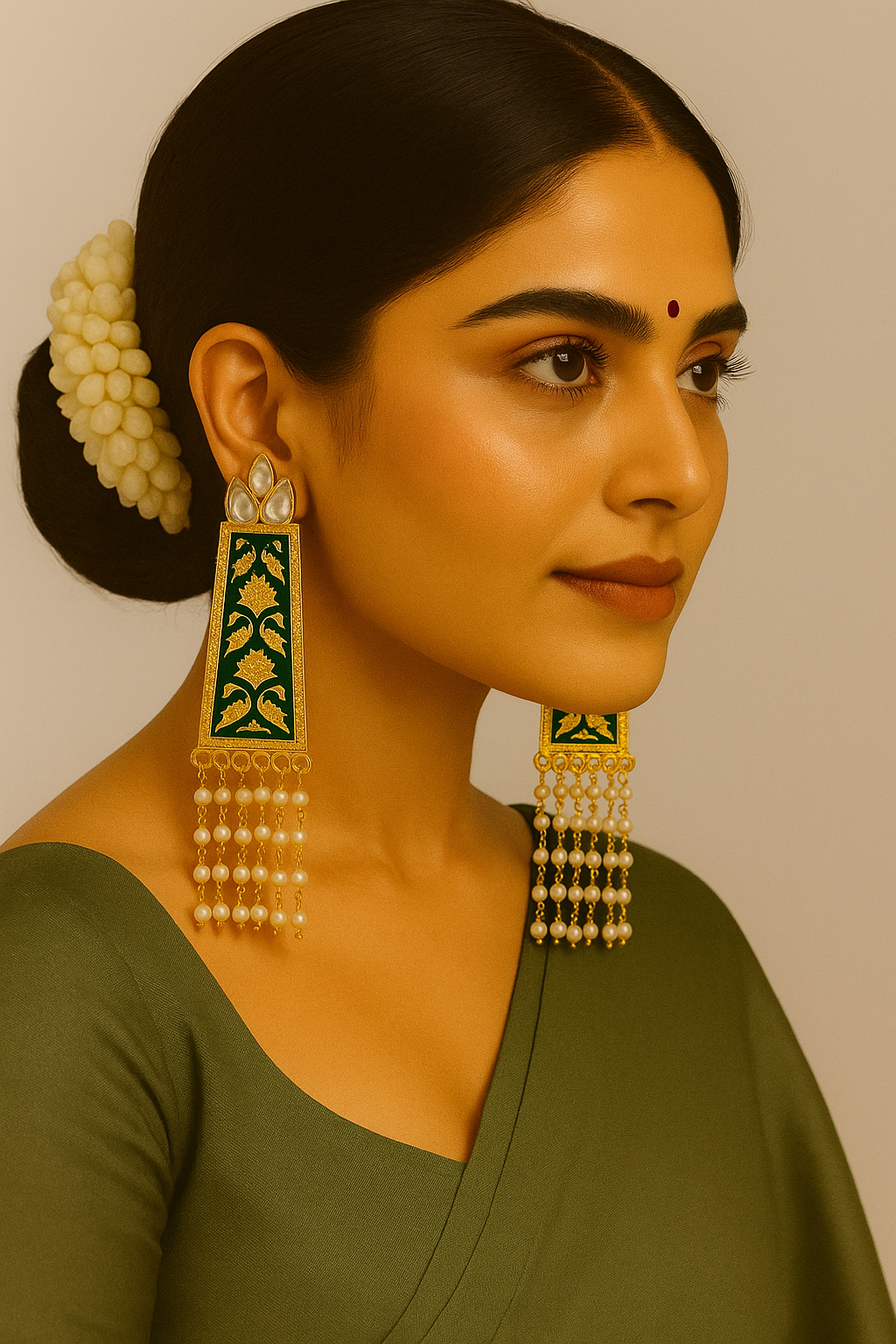 Elegant Green & Gold Meenakari Long Earrings with Pearl Tassels