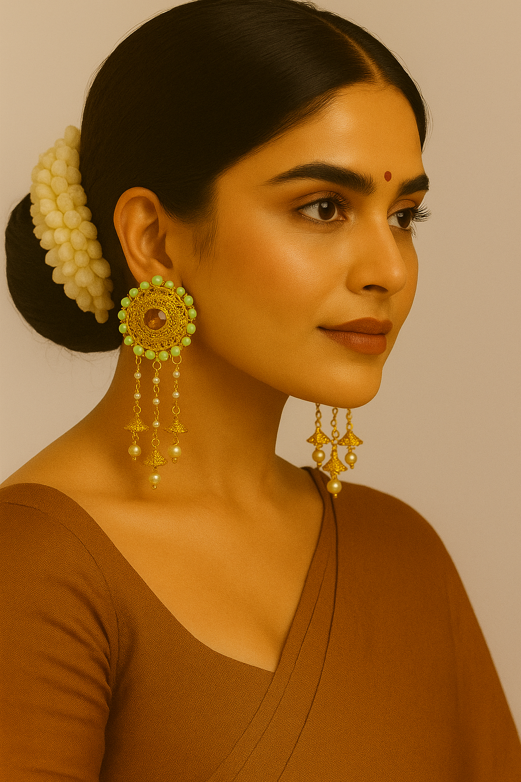 Elegant Mint Green & Gold Filigree Long Earrings with Beaded Tassels