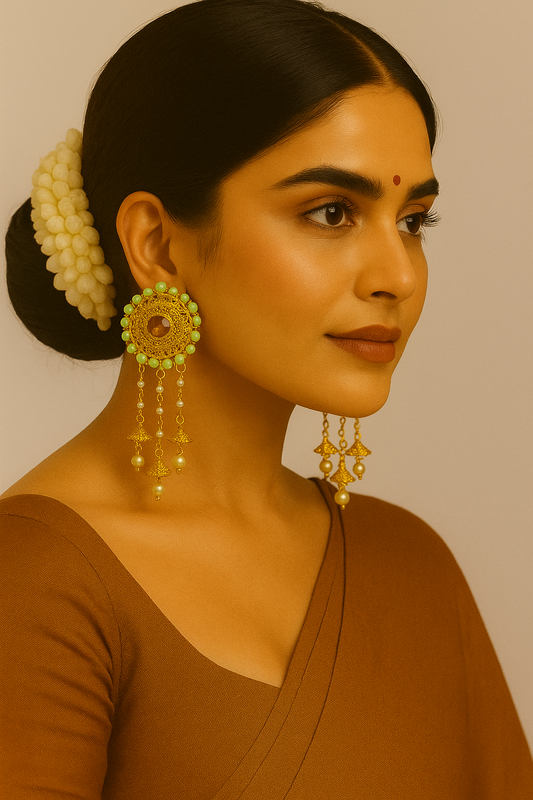 Elegant Mint Green & Gold Filigree Long Earrings with Beaded Tassels