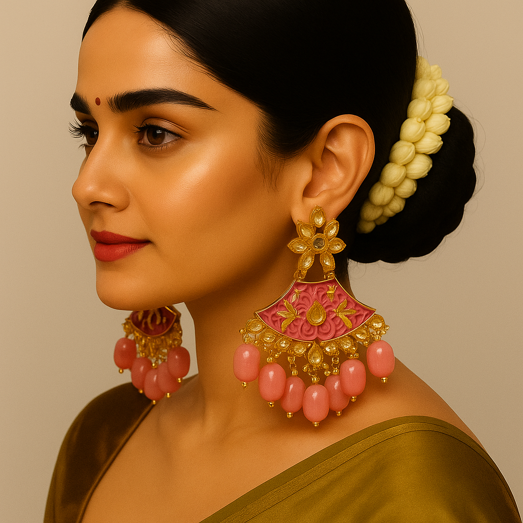 Pink & Gold Kundan Chandbali Earrings – Grand Bridal & Festive Statement Jewelry