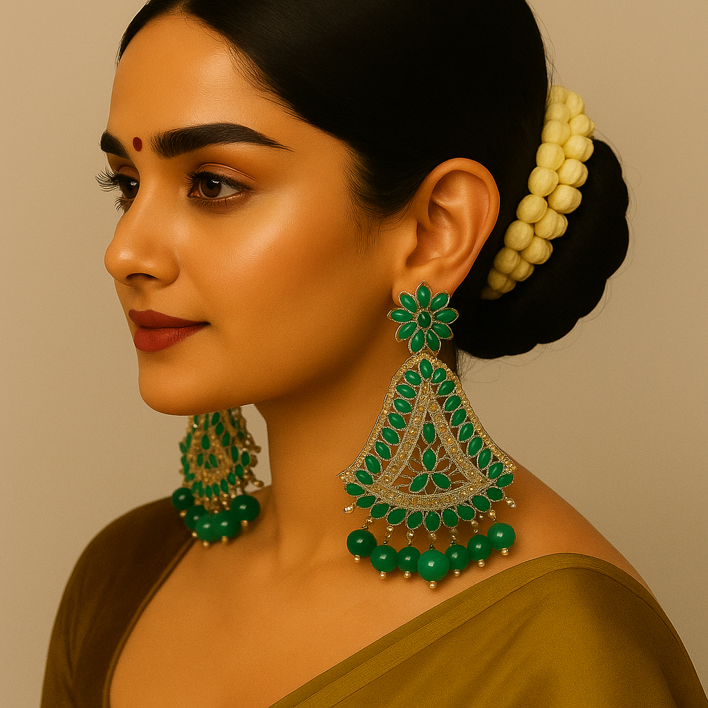Elegant Green Stone & Silver Filigree Chandbali Earrings