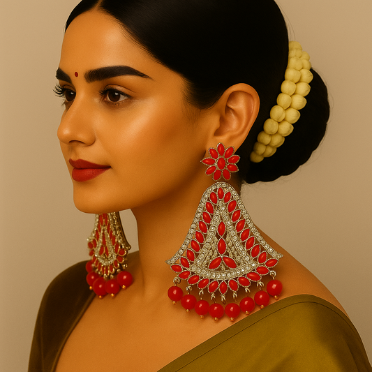 Red Stone Sparkle Oversized Statement Earrings | Traditional Indian Festive Jewelry