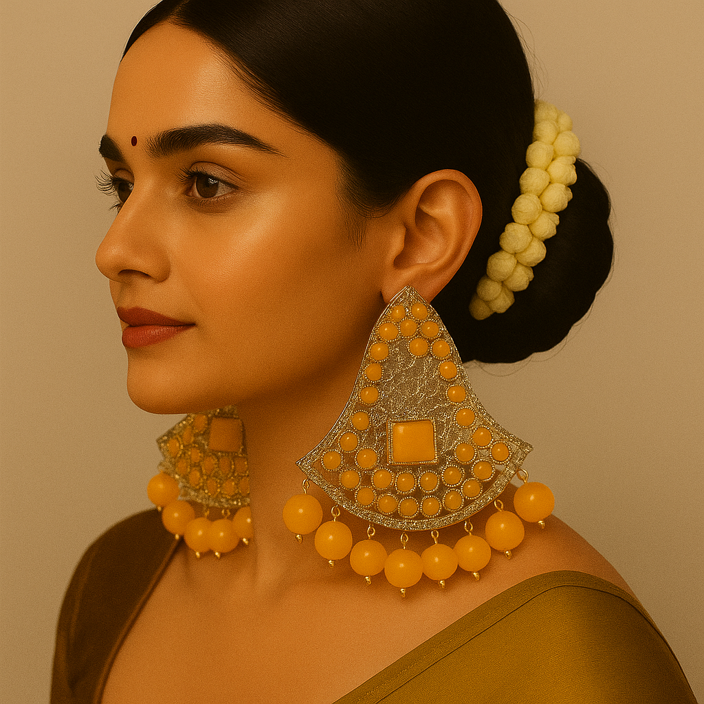 Yellow Stone Statement Chandbali Earrings – Traditional West Indian Design