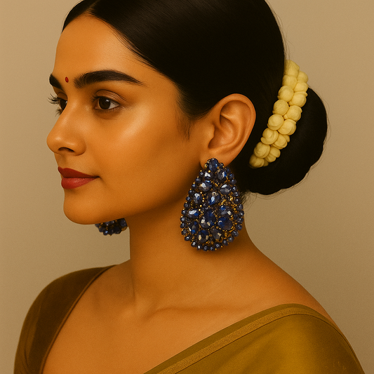 Blue Crystal Floral Stud Earrings – Elegant Western Party Wear