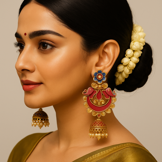 Handcrafted Red & Blue Enamel Jhumka Earrings with Floral Motif