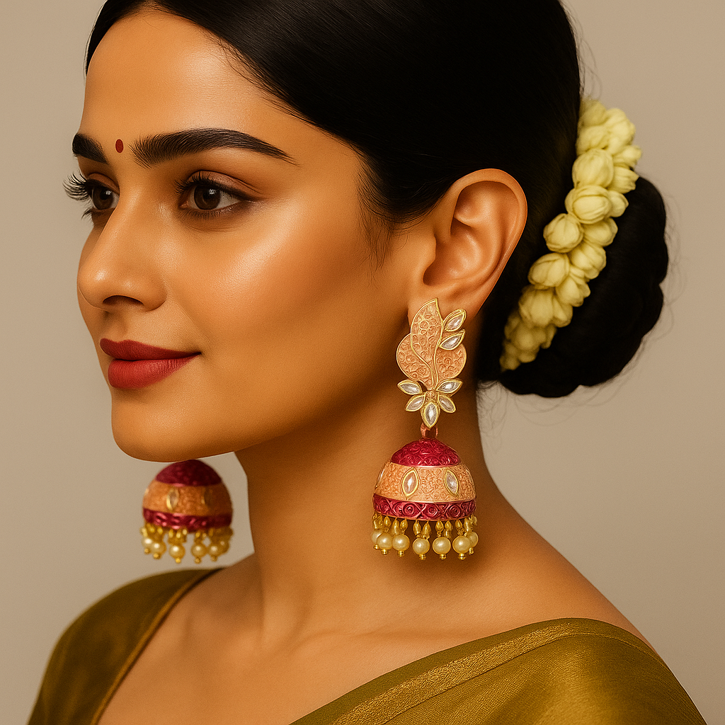 Elegant Peach & Pink Enamel Jhumka Earrings with Kundan Detailing