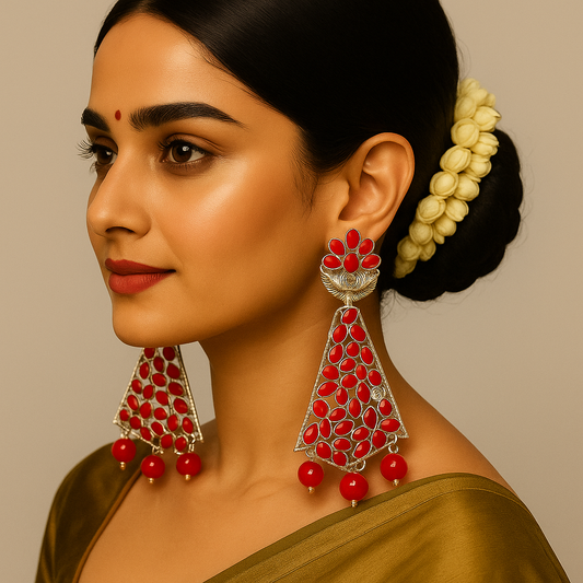 Bold Red Stone Statement Long Earrings – Premium Festive & Party Wear