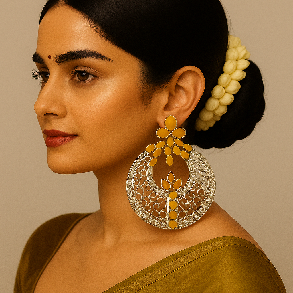 Yellow Enamel & Silver Filigree Oversized Hoop Earrings – Premium Festive Wear