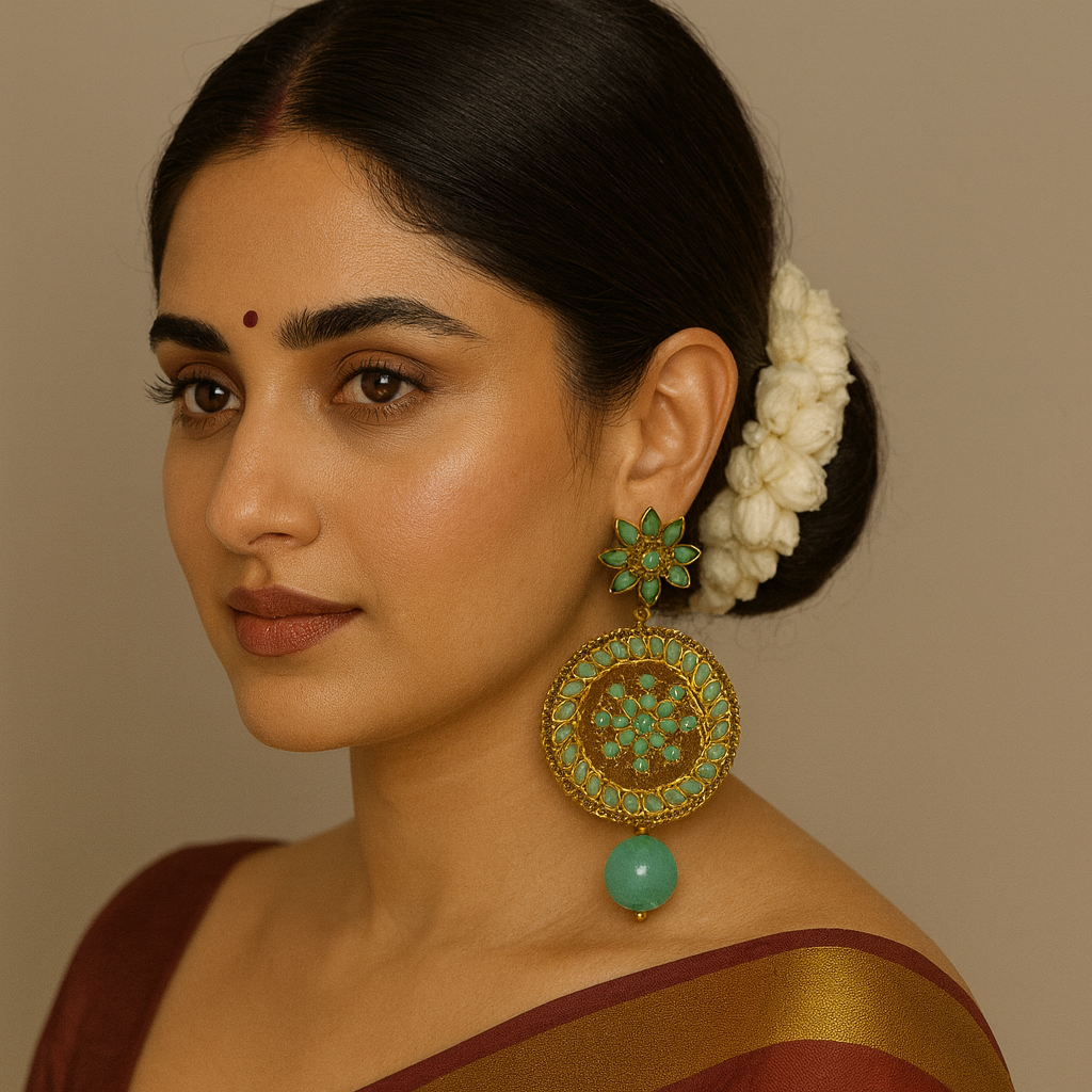 Elegant Green Stone Circular Statement Earrings – Premium Traditional Jewelry for Women