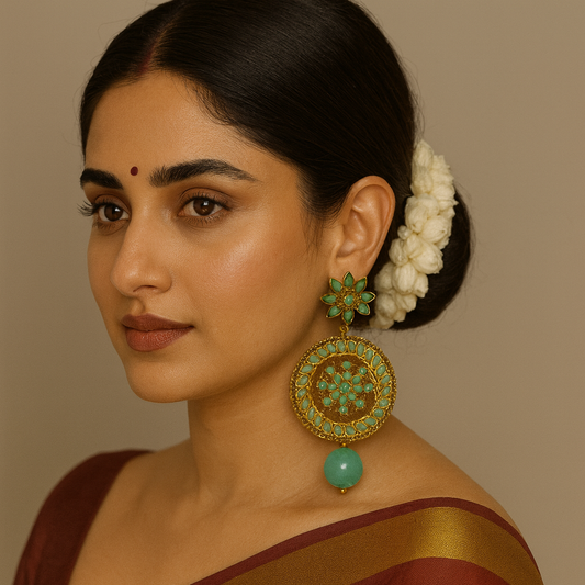 Elegant Green Stone Circular Statement Earrings – Premium Traditional Jewelry for Women