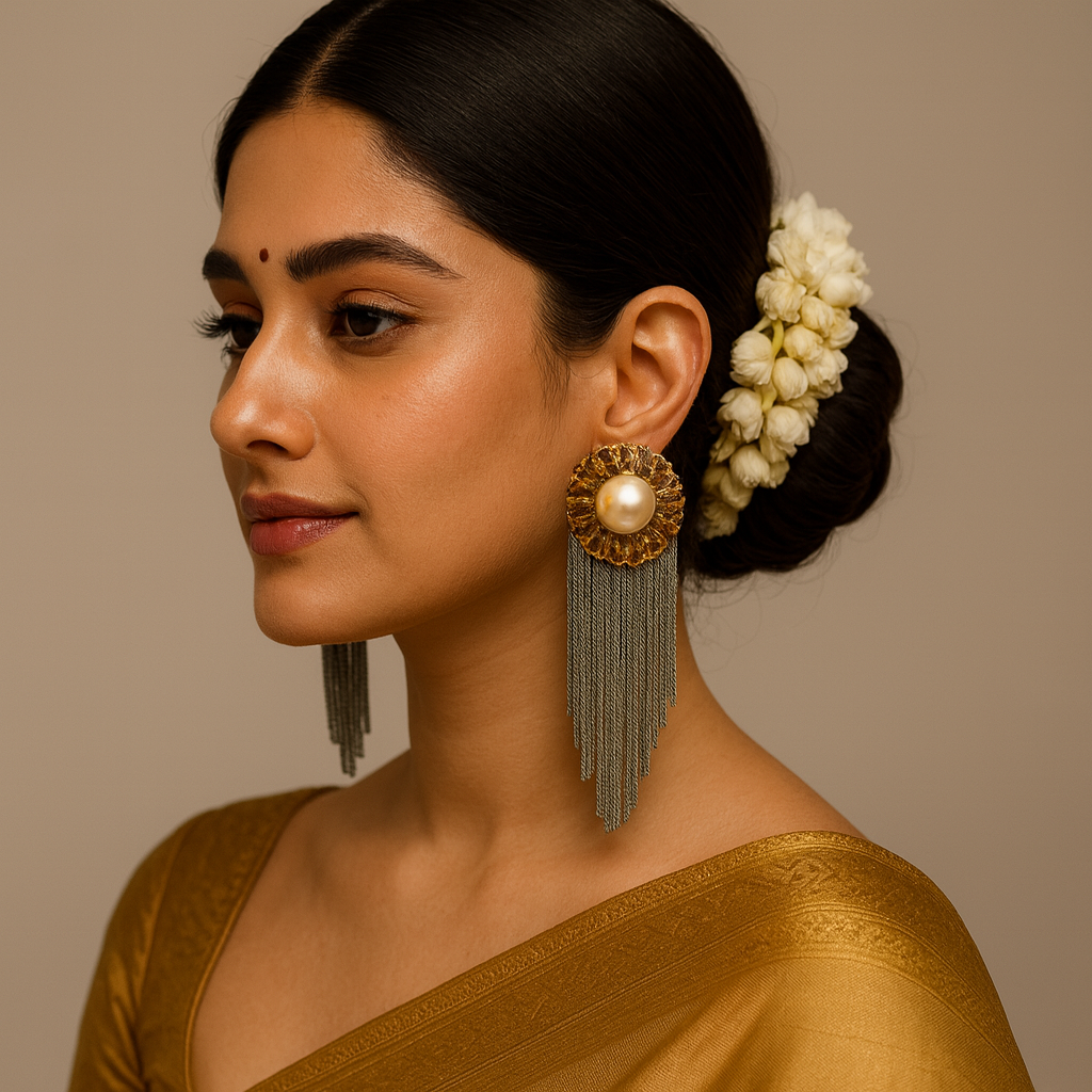 Pearl & Crystal Statement Tassel Earrings – Premium Party Wear