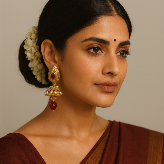 Royal Gold-Plated Jhumka Earrings with Ruby Accents & Pearl Detailing