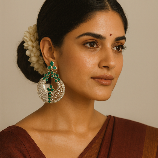 Silver-Plated Statement Hoop Earrings with Green Stone Detailing