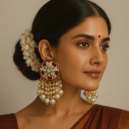 Red & White Meenakari Round Earrings with Pearl Chandelier Drops