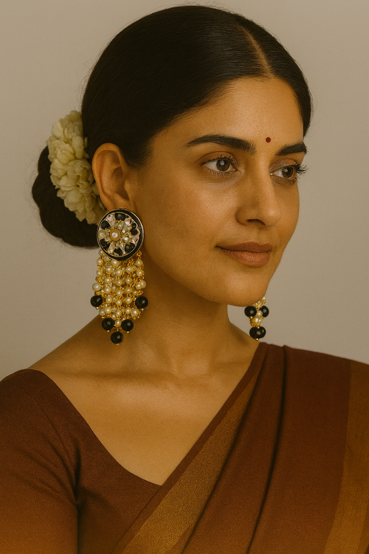 Black & White Meenakari Round Earrings with Pearl & Black Bead Chandeliers