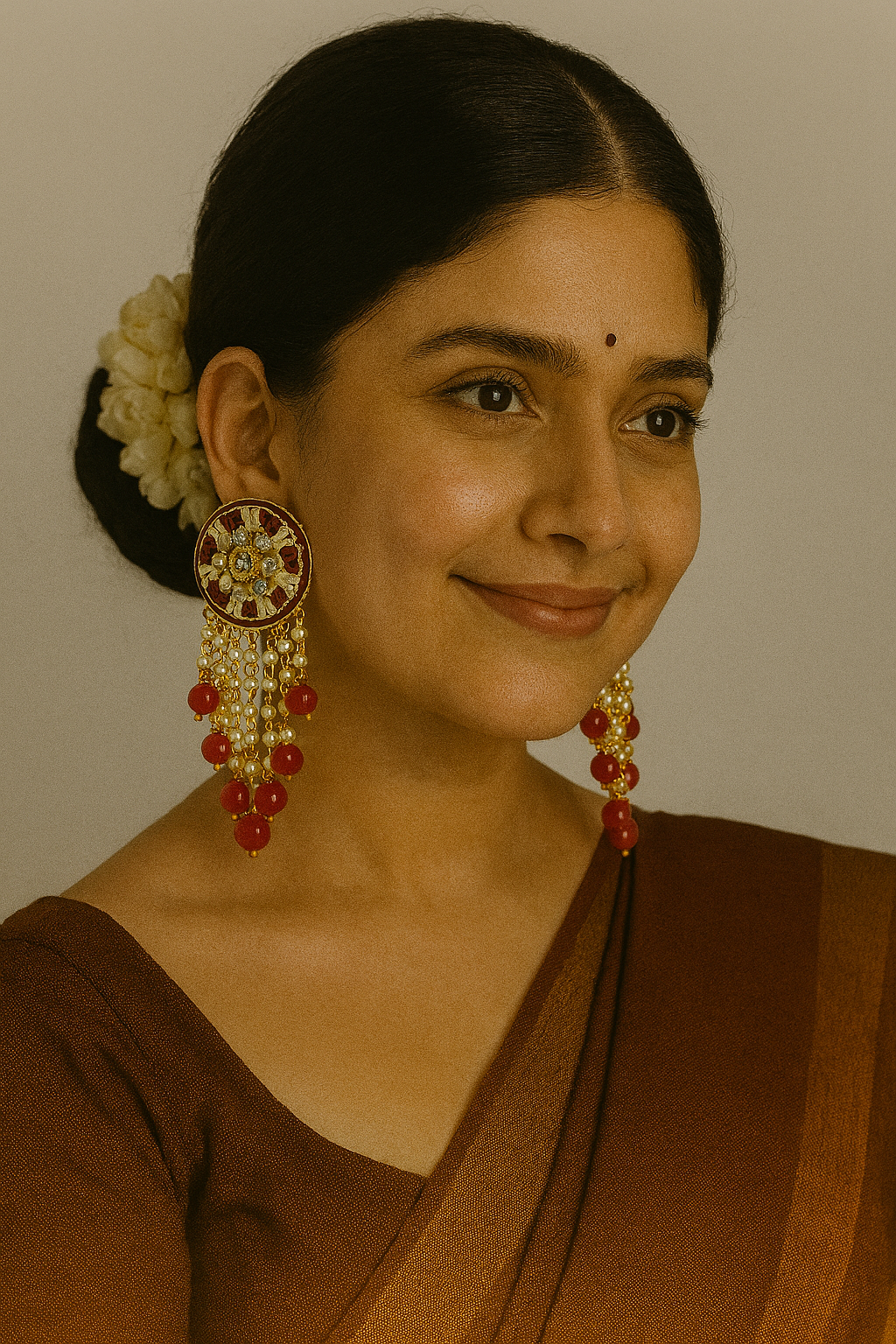 Red & White Meenakari Round Earrings with Pearl & Red Bead Chandeliers