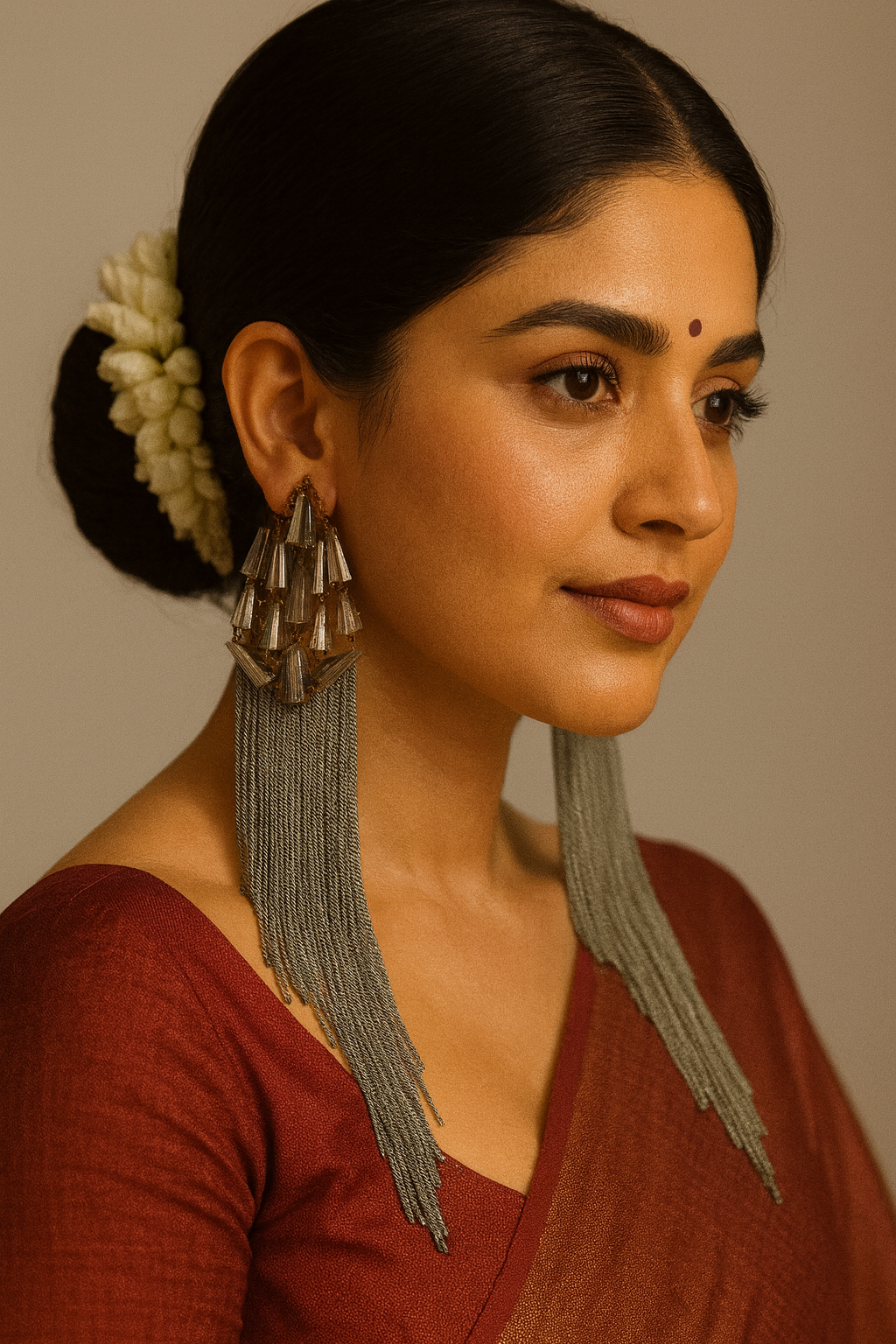 ✨ Silver & Crystal Long Tassel Statement Earrings