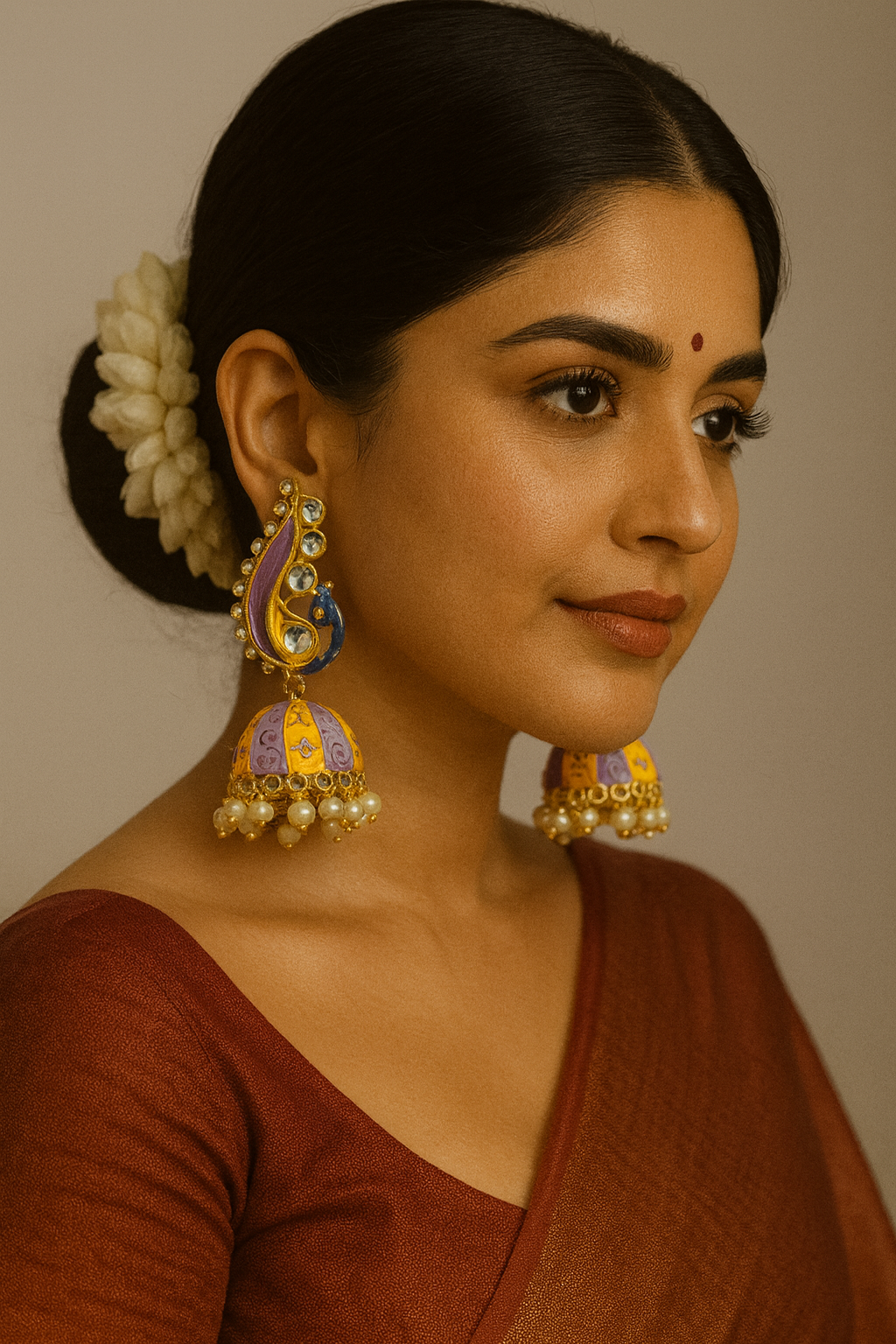 🎨 Multicolor Enamel Peacock-Style Jhumka Earrings with Pearls