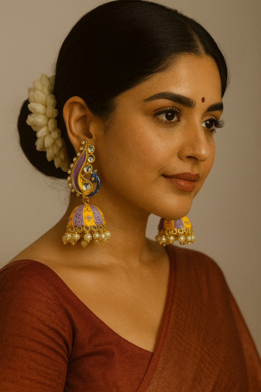🎨 Multicolor Enamel Peacock-Style Jhumka Earrings with Pearls
