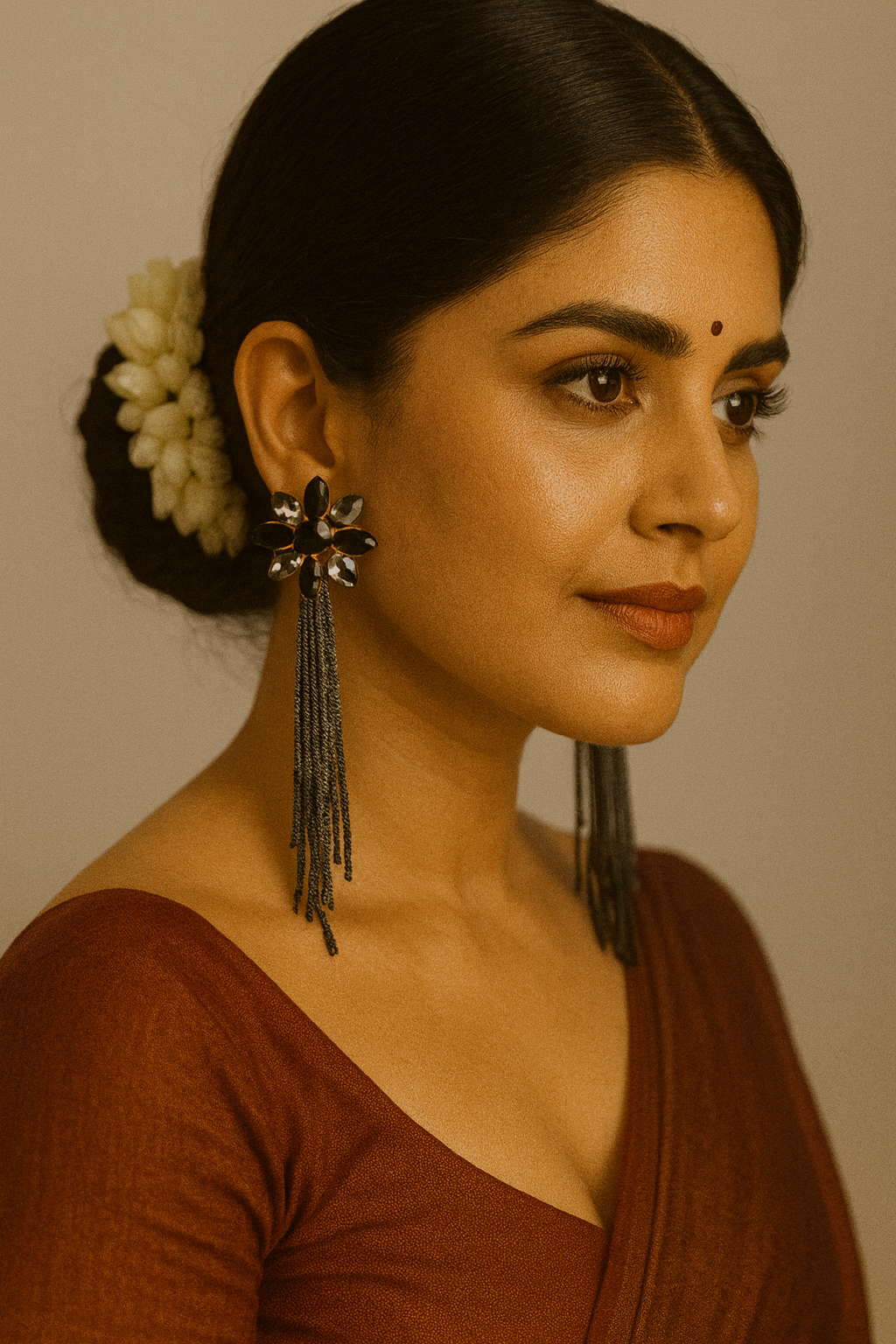 🖤 Black Crystal Floral Tassel Earrings – Bold & Glamorous Statement Wear