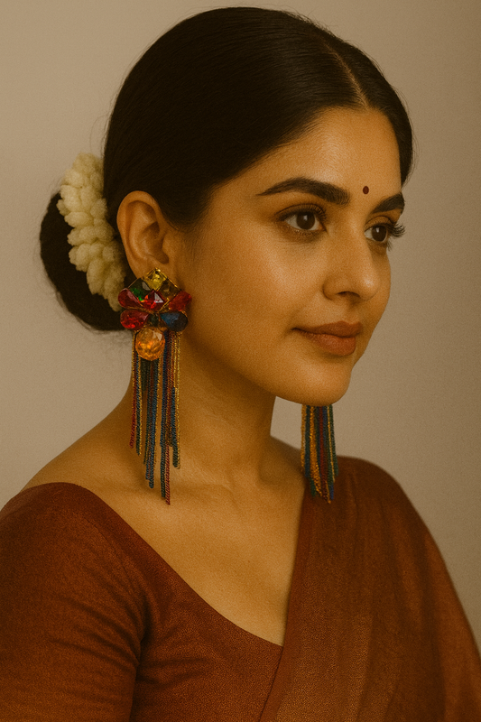 🌈 Multicolor Crystal Statement Tassel Earrings – Premium Party Wear