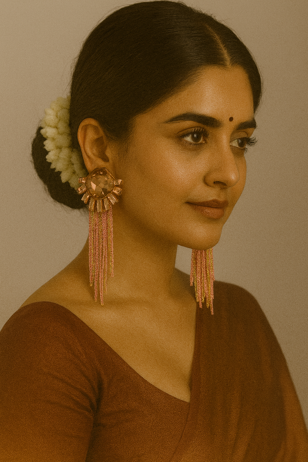 ✨ Peach-Gold Crystal Tassel Statement Earrings