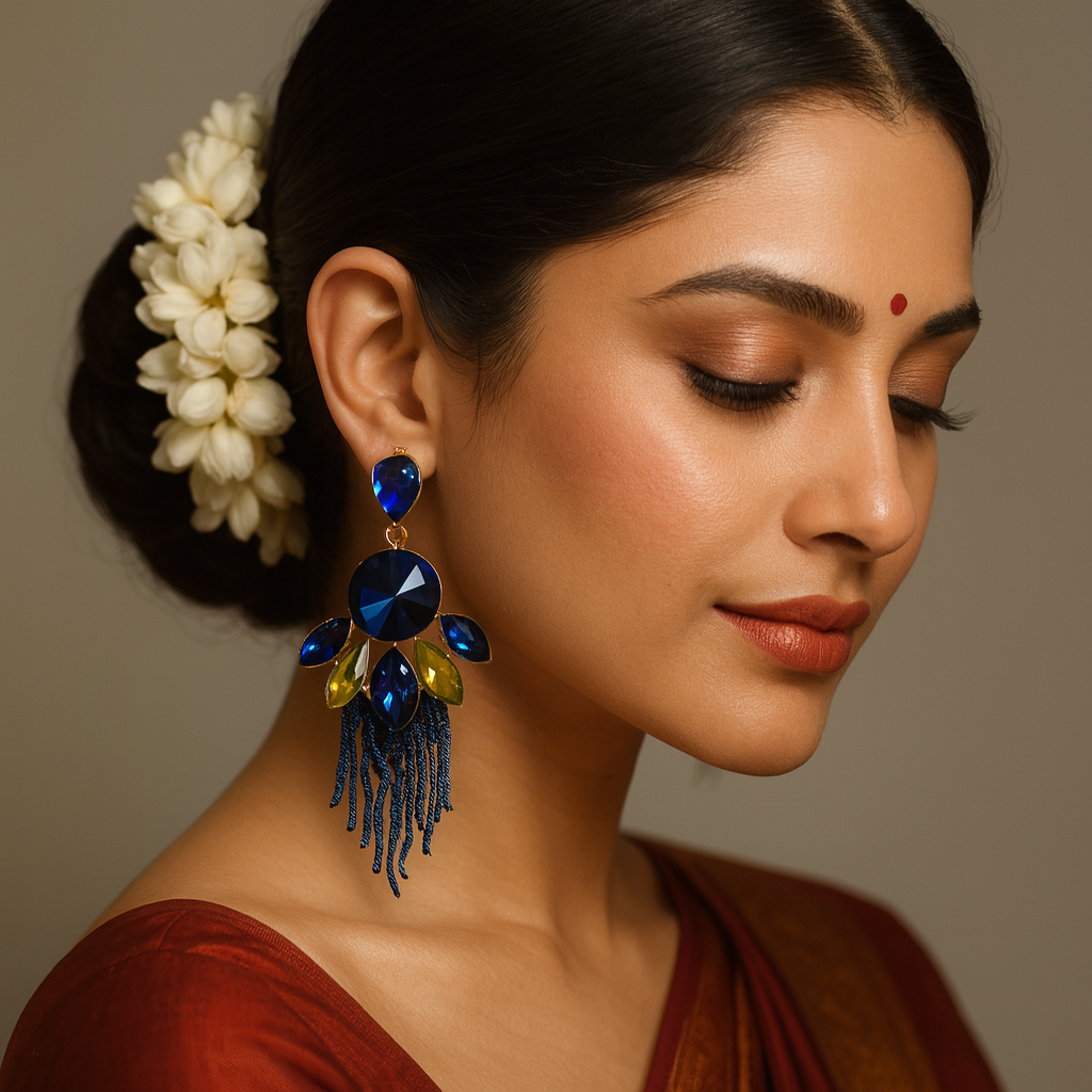 Royal Blue & Olive Crystal Statement Earrings with Tassel Chains