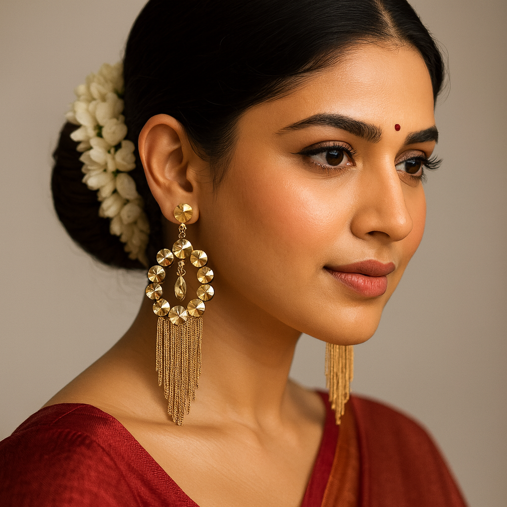 ⭐ Premium Gold-Toned Crystal Dangler Earrings with Fringe Chains