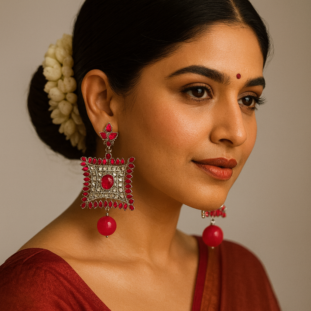 💖 Pink Stone & Silver-Toned Traditional Statement Earrings