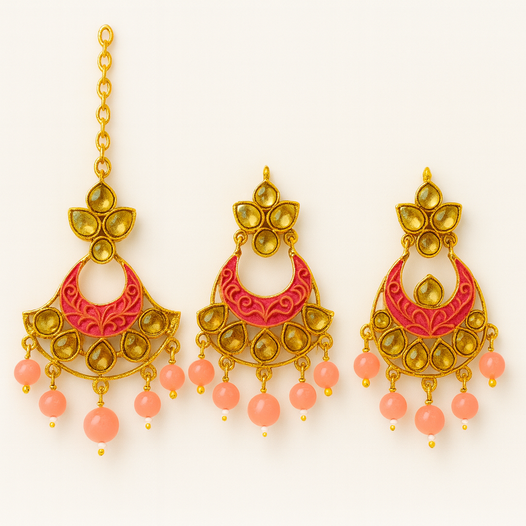 Traditional Gold-Toned Crescent Earrings & Pendant Set with Pink Beads