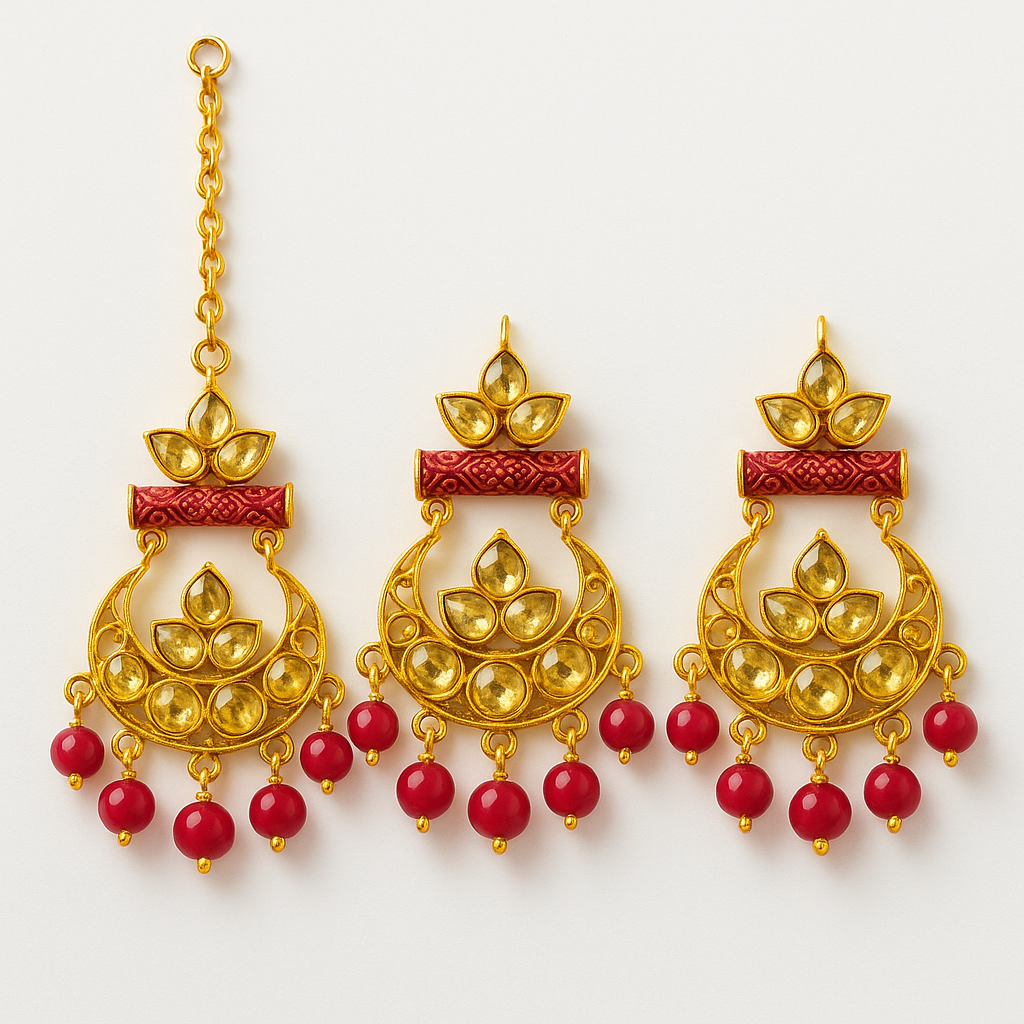 Traditional Gold-Toned Kundan Jhumka Earring & Maang Tikka Set – With Dark Pink Beads