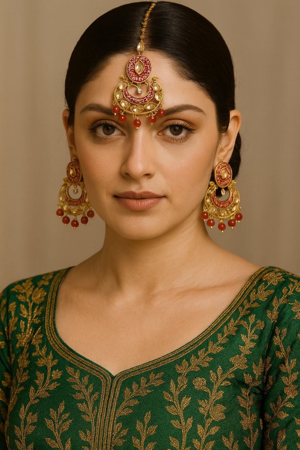 Traditional Gold-Plated Kundan Earrings with Red Enamel & Bead Detailing – 3-Piece Jewelry Set