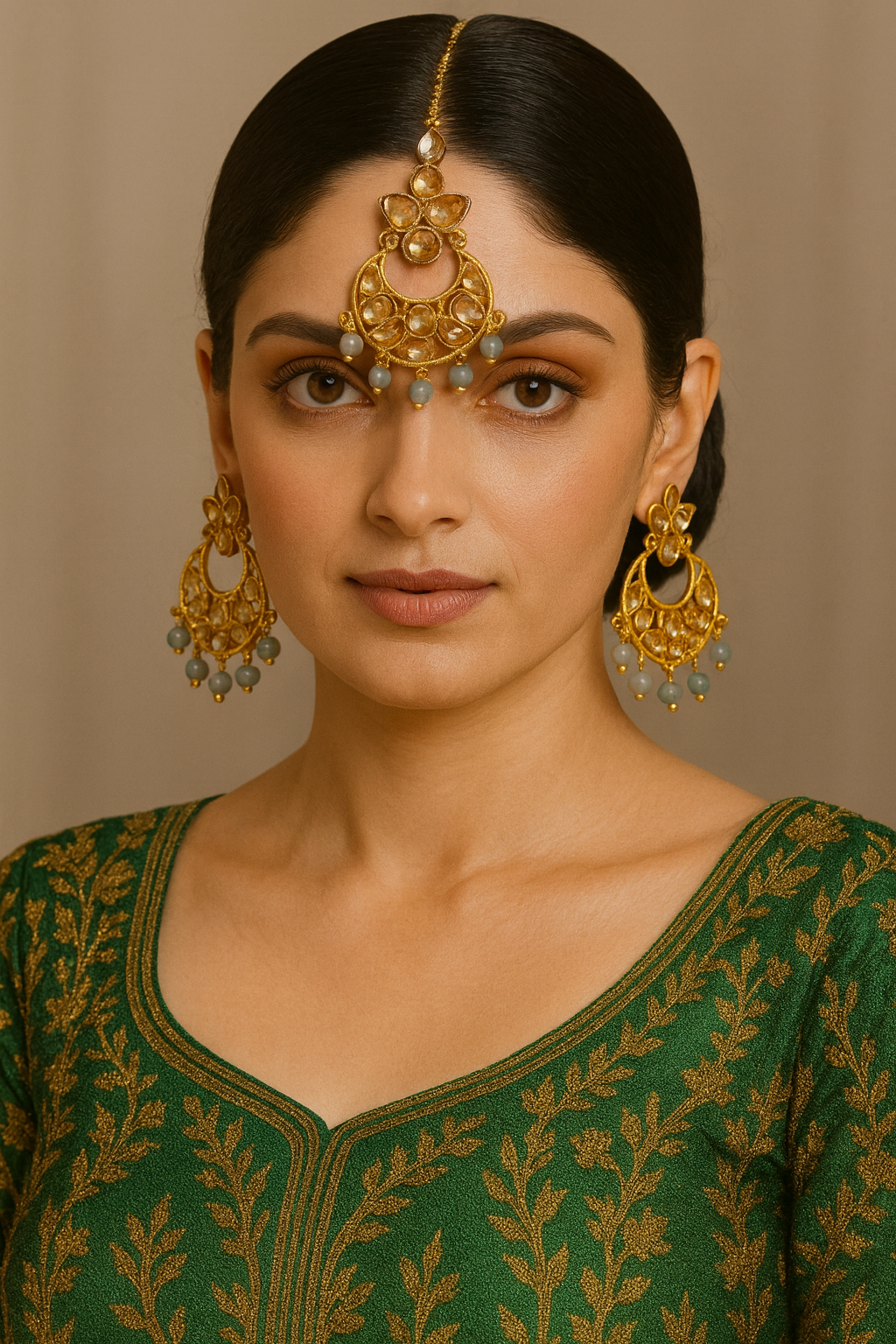 Gold-Plated Kundan Earrings with Grey Bead Drops – Traditional 3-Piece Jewelry Set