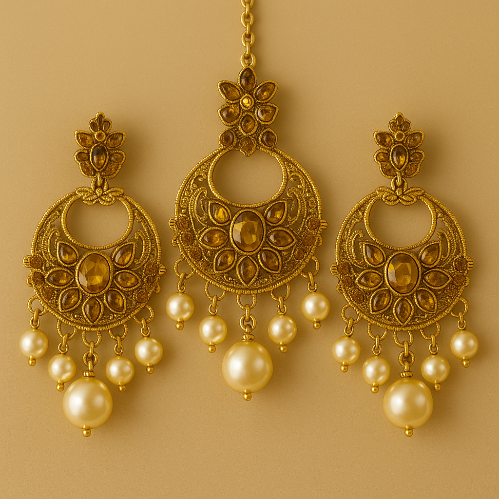 Traditional Gold-Plated Kundan Earrings & Maang Tikka Set with Pearl Drops