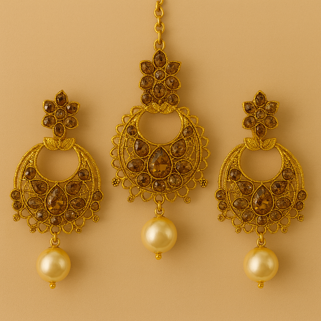 Traditional Gold-Plated Chandbali Earrings & Maang Tikka Set | Pearl Drop | Bridal & Festive Jewelry