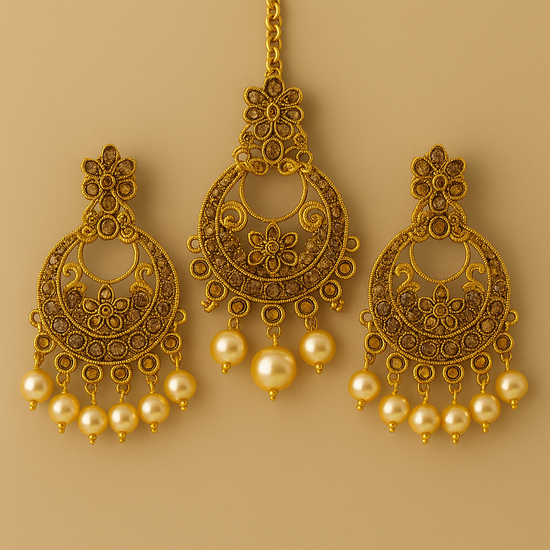Traditional Gold-Plated Chandbali Earrings & Maang Tikka Set with Pearl Drops | Bridal & Festive Jewelry