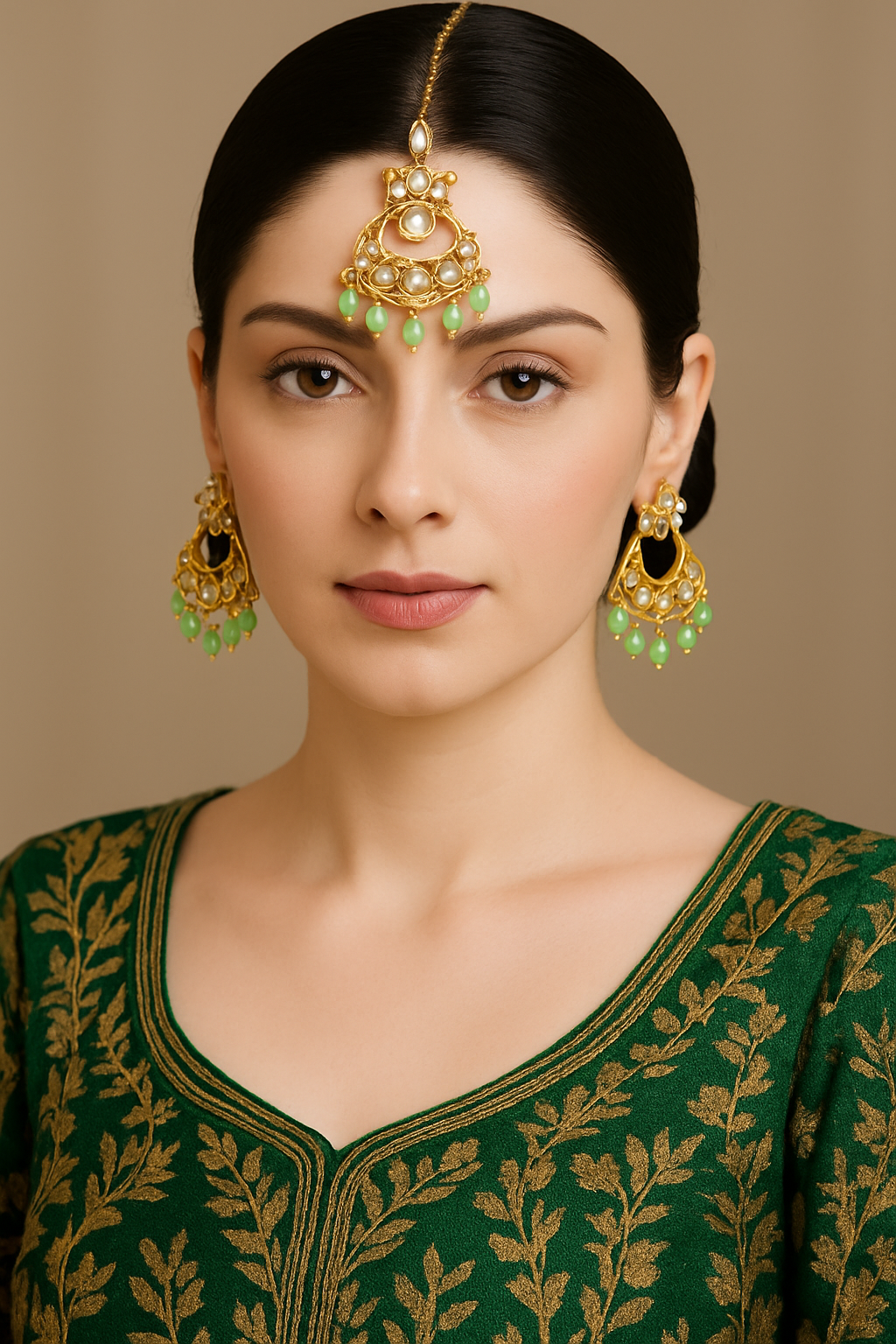 Exquisite Gold-Plated Kundan Earrings with Mint Green Beads – Traditional Indian Jewelry