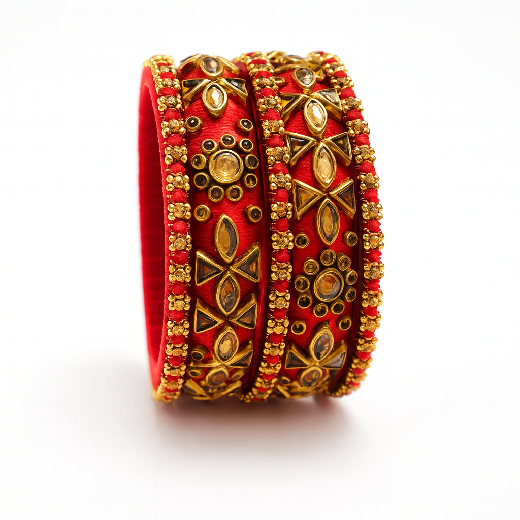 Elegant Red Silk Thread Bangles with Kundan & Stone Embellishment